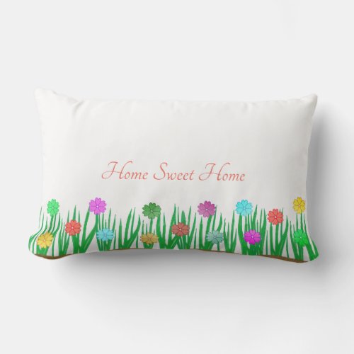 Home Sweet Home  Multicolored Flowers on White Lumbar Pillow