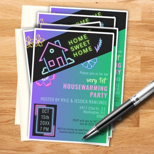 Home Sweet Home Neon Housewarming Party Invite