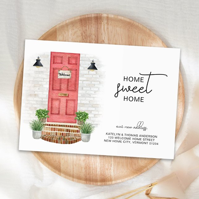 Home Sweet Home New Address Red Door Watercolor Note Card (Creator Uploaded)