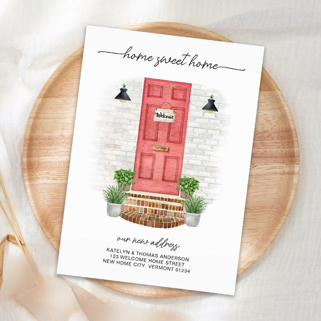 Home Sweet Home New Address Watercolor Red Door Note Card (Creator Uploaded)
