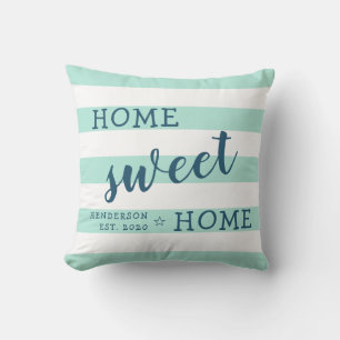 Home Sweet Home Personalized Striped Mint Green Throw Pillow