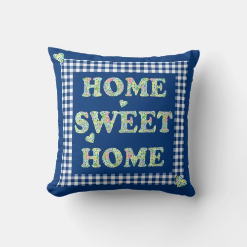 Home Sweet Home Pillow Blue MixnMatch Patterns Throw Pillow