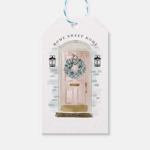 Home Sweet Home Pink Watercolor Front Door Wreath Gift Tags