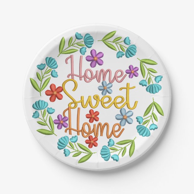 Home Sweet Home Quote Beautiful Color Flowers Paper Plates (Front)