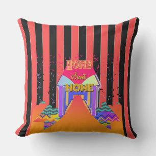 Home Sweet Home Red Black Stripes Outdoor Pillow