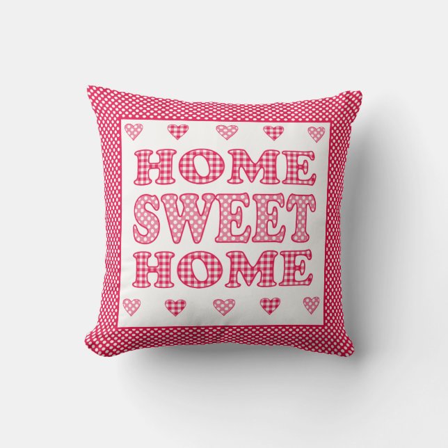 Home Sweet Home Red, White Polkas and Checks Throw Pillow (Front)