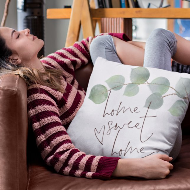 Home Sweet Home Script Green Eucalyptus Throw Pillow (Creator Uploaded)