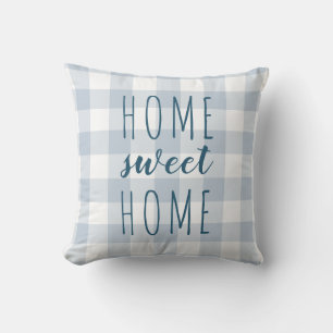 Home Sweet Home Slate Blue and White Gingham Throw Pillow