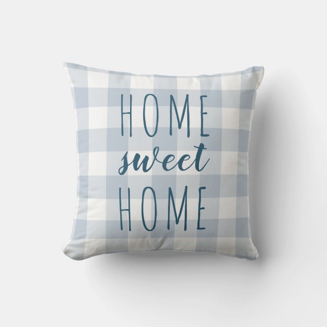 Home Sweet Home Slate Blue and White Gingham Throw Pillow (Front)