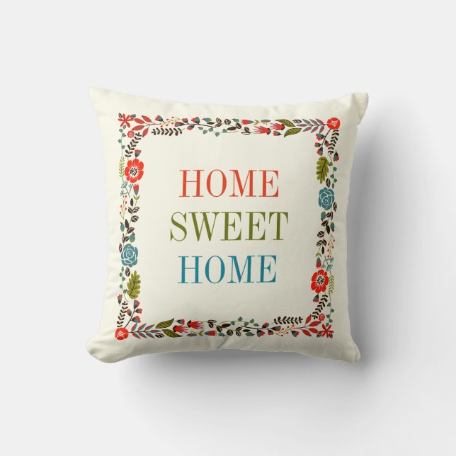 "HOME SWEET HOME" spring floral border teal, red Throw Pillow (Front)
