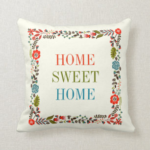 "HOME SWEET HOME" spring floral border teal, red Throw Pillow