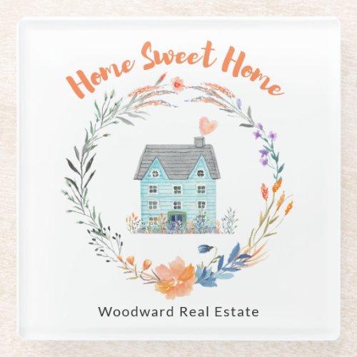Home Sweet Home Thank You New Homeowner Buyer Chic Glass Coaster
