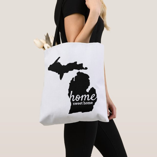 Home Sweet Home Typography & Michigan Silhouette Tote Bag (Close Up)