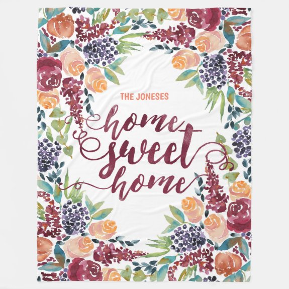 Home Sweet Home Typography Watercolor Fall Bouquet Fleece Blanket