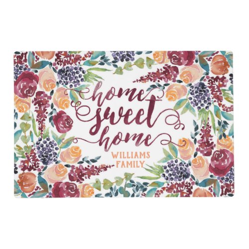 Home Sweet Home Typography Watercolor Fall Bouquet Placemat