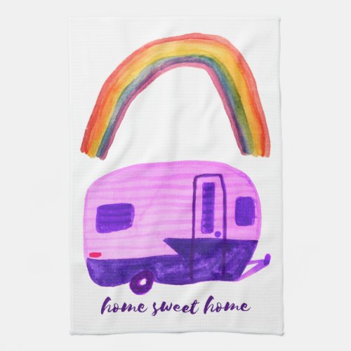 HOME SWEET HOME Vintage Trailer RAINBOW Watercolor Kitchen Towel