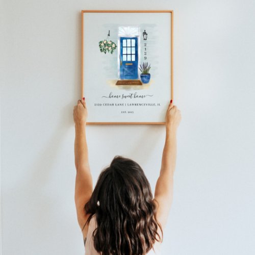Home Sweet Home Watercolor Country Style Blue Door Poster