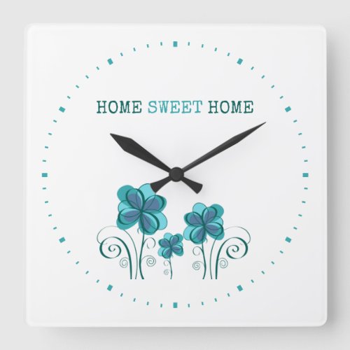 Home Sweet Home Watercolor Floral Blue Teal Minute Square Wall Clock