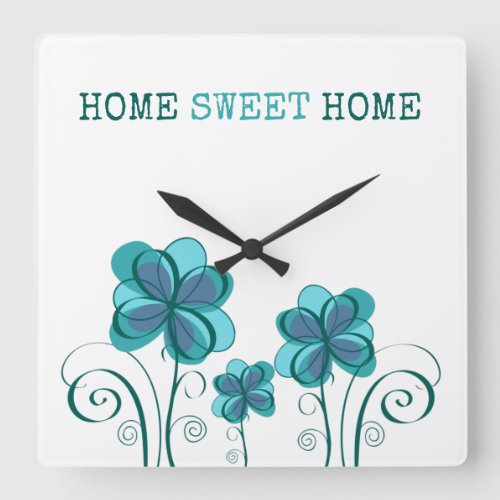 Home Sweet Home Watercolor Florals Blue Teal Square Wall Clock