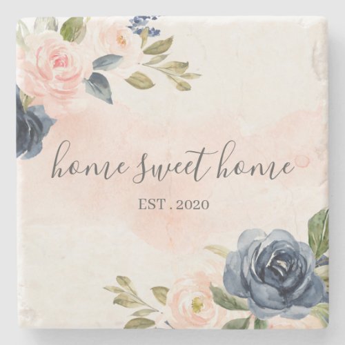 Home Sweet Home Watercolor Pink Navy Coaster