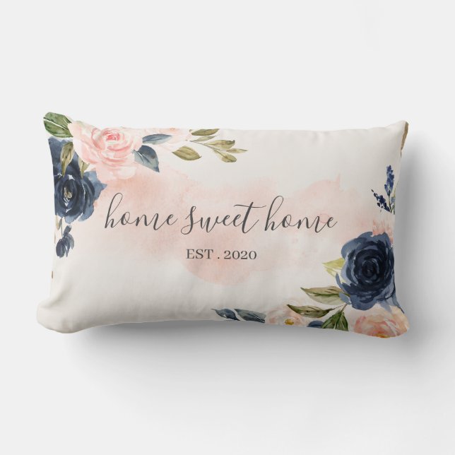 Home Sweet Home Watercolor Pink Navy Pillow (Front)