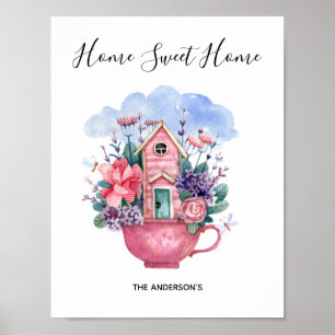 Home Sweet Home Watercolor Pink Tea Cup Poster