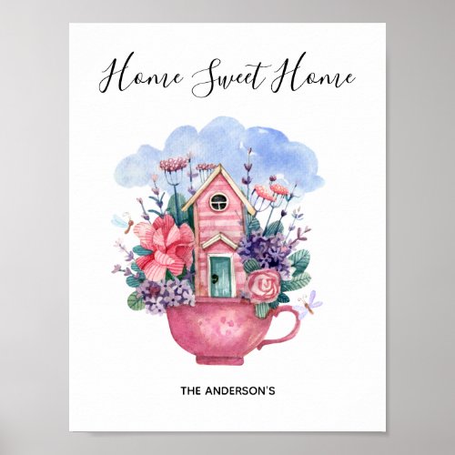 Home Sweet Home Watercolor Pink Tea Cup  Poster