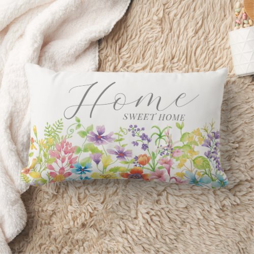 Home Sweet Home Watercolor Wildflowers Cute Lumbar Pillow