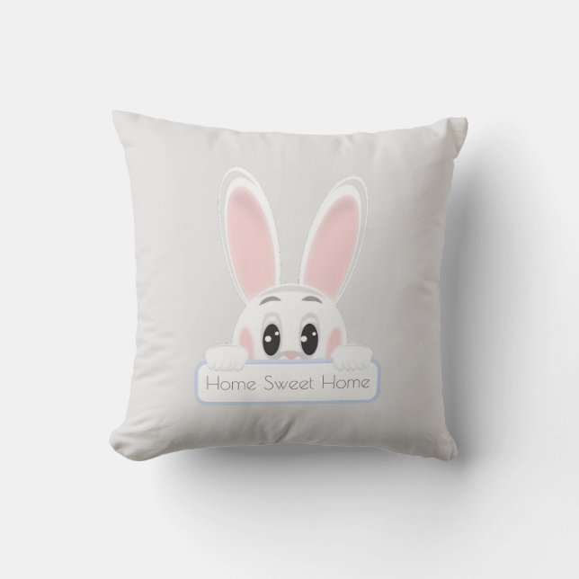 Home Sweet Home White Bunny on Light Gray Throw Pillow (Front)