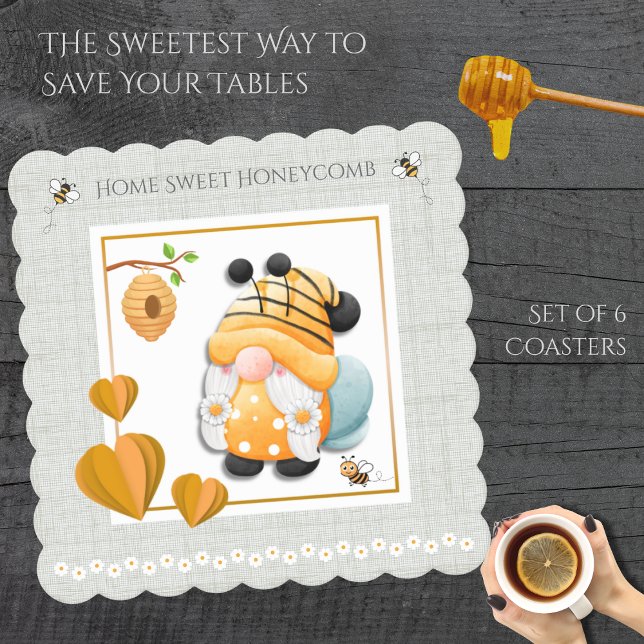 Home Sweet Honeycomb Bee Gnome Coaster Set (Protect your furniture and bring a buzz of joy to your home with this adorable Bee Gnome Coaster)