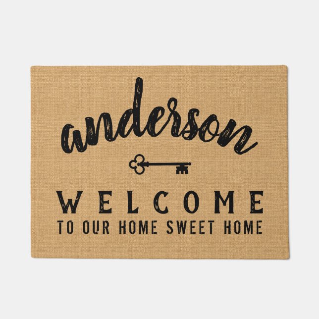 Home Sweet Welcome Burlap Farmhouse Personalized Doormat (Front)