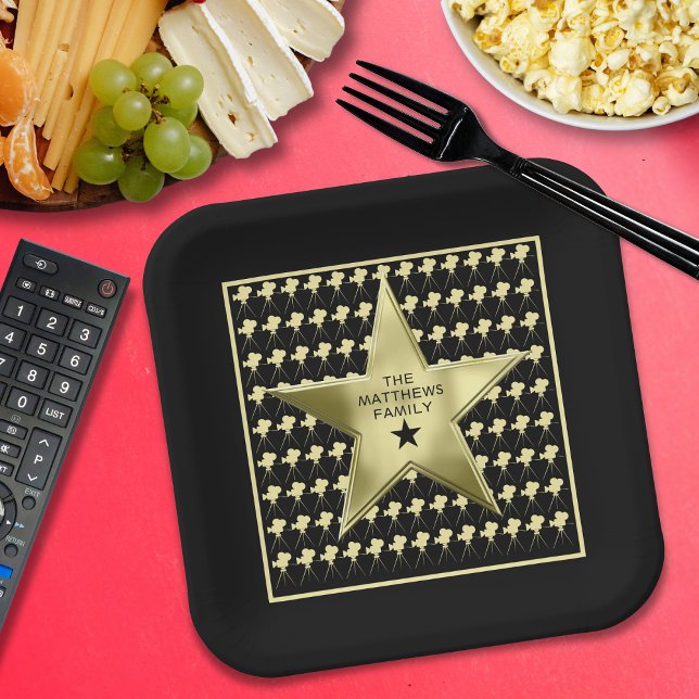 Home Theater Personalized Family Name Movie Star Paper Plates (Fun custom name paper plates for your home theater snacks!)