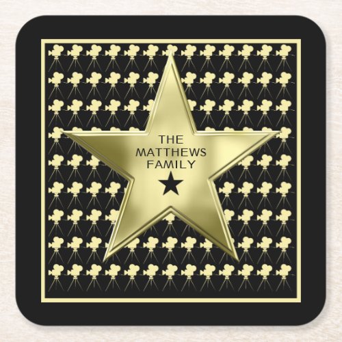 Home Theater Personalized Family Name Movie Star Square Paper Coaster