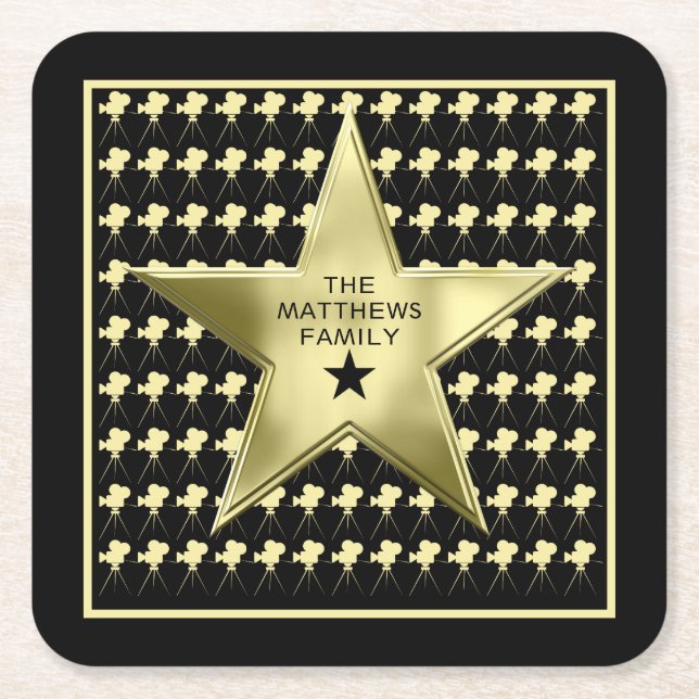 Home Theater Personalized Family Name Movie Star Square Paper Coaster (Front)