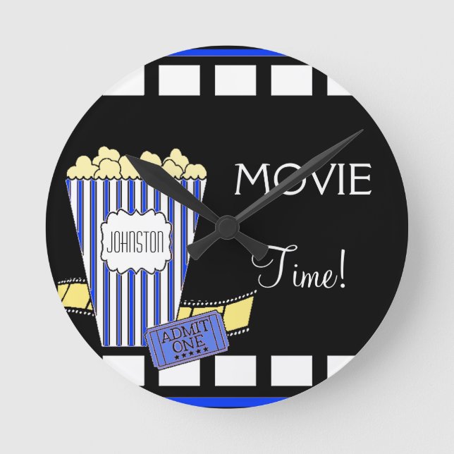 Home Theater Popcorn Box Blue Round Clock (Front)