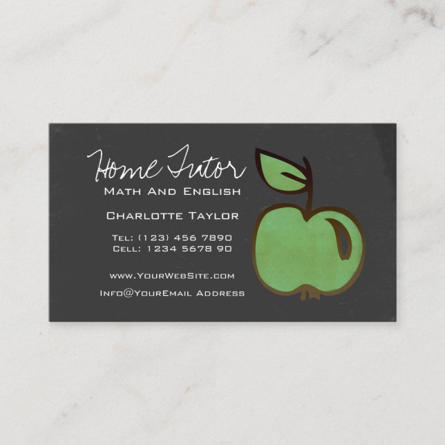 Home Tutor Teacher Green Apple Chalkboard Business Card (Front)