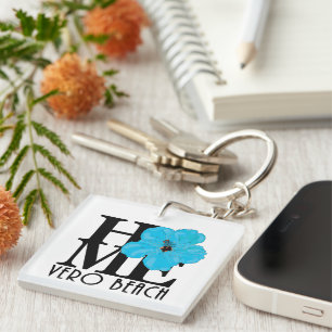 HOME Vero Beach Florida Blue Hibiscus Keychain