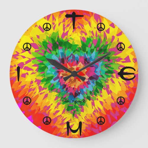 Home Wall Room Time Peace Timepiece Tie Dye Heart Large Clock