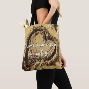 Home Wherever I'm With You Quote Sand Drawn Heart Tote Bag