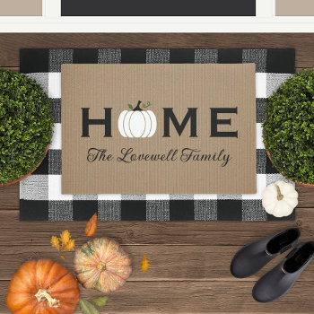 Home White Pumpkin Personalized Last Name Fall Doormat by Plush_Paper at Zazzle