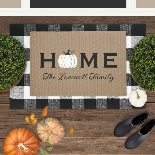 Home White Pumpkin Personalized Last Name Fall Doormat