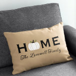 Home White Pumpkin Personalized Last Name Fall Lumbar Pillow<br><div class="desc">Welcome guests to your home this fall with an inviting personalized lumbar rectangle throw pillow. The simple and stylish typography design features "Home" wording with elegant custom script text for your family name and a white harvest pumpkin accent. Includes a neutral tan,  black,  white,  and green color scheme.</div>