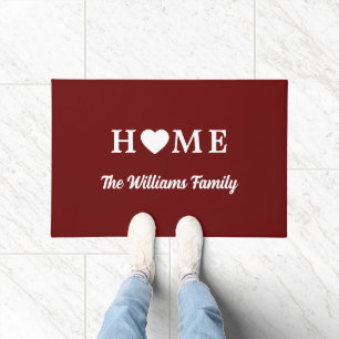 Home with Heart & Name Red Doormat
