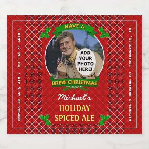 Homebrewing Brew Christmas Red Argyle Custom Photo Beer Bottle Label
