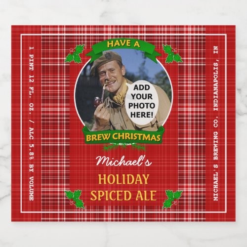 Homebrewing Brew Christmas Red Plaid Custom Photo Beer Bottle Label