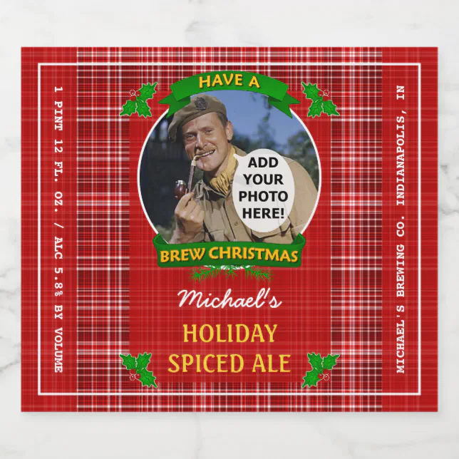 Homebrewing Brew Christmas Red Plaid Custom Photo Beer Bottle Label ...