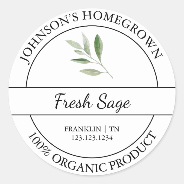 Homegrown Garden Fresh Organic Sage Label (Front)