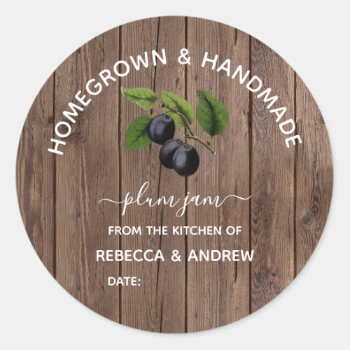 Homegrown  Handmade Plum Jam Barn Wood Classic Round Sticker