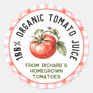 Homegrown tomato juice with checkered pattern classic round sticker