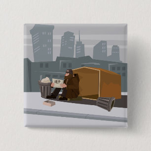 Homeless Man Holding Help Sign Urban Poverty Button